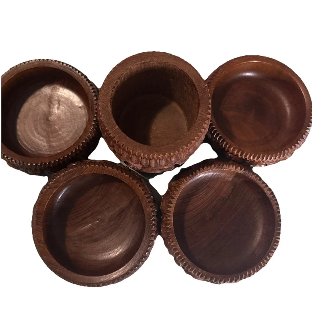 Hand Carved Wooden Bowl Set 6 Pcs Ornate Floral Vintage‎ Rustic Decor Boho Gift